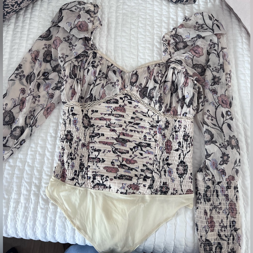 Free People Floral Print Bodysuit - Cream and Pink